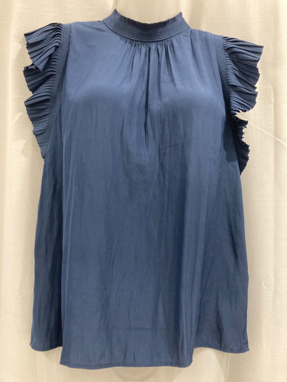 FRAME Denim Twilight Blue Pleated Ruffle Flutter Sleeve Mock Neck Blouse Top XS